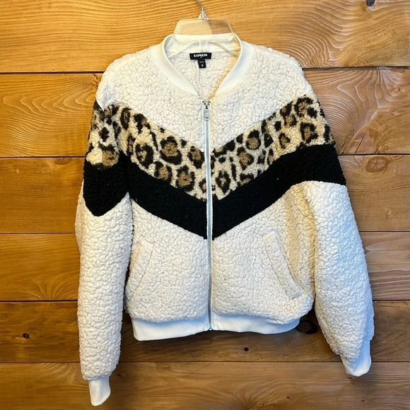 Express Jackets & Blazers - Express Womens Jacket M Leopard print chevron sherpa zip up soft fuzzy teddy Y2K
